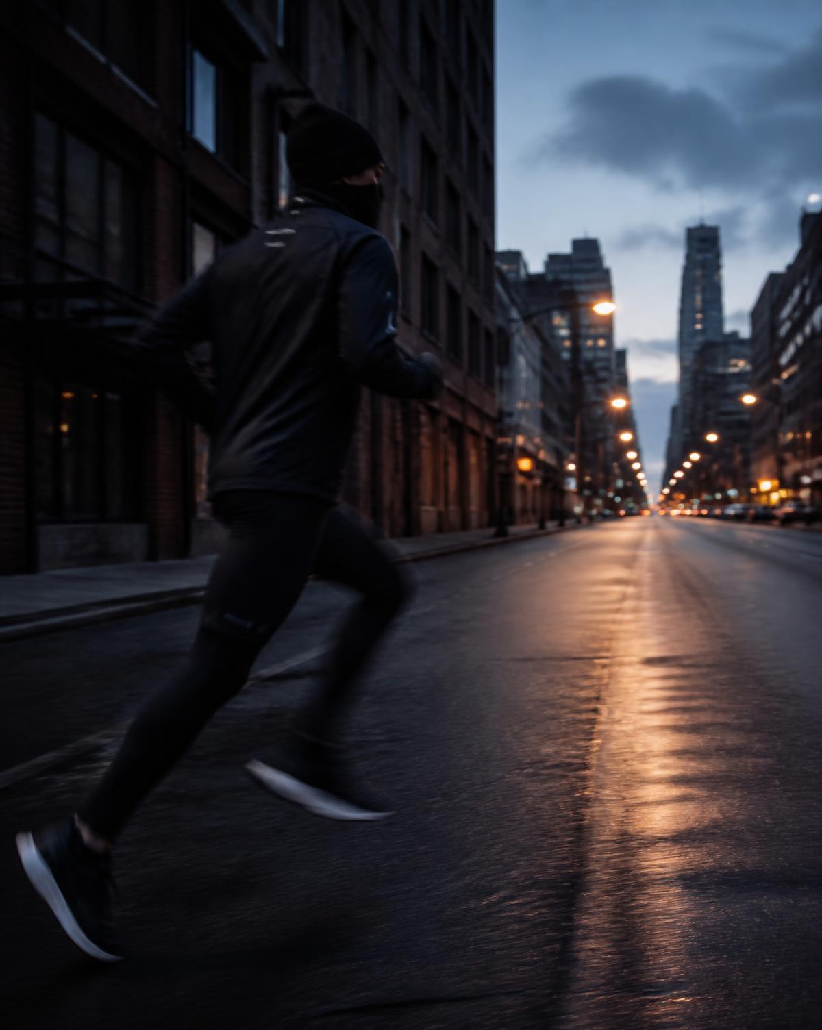 Runner in technical apparel at twilight on an empty city street